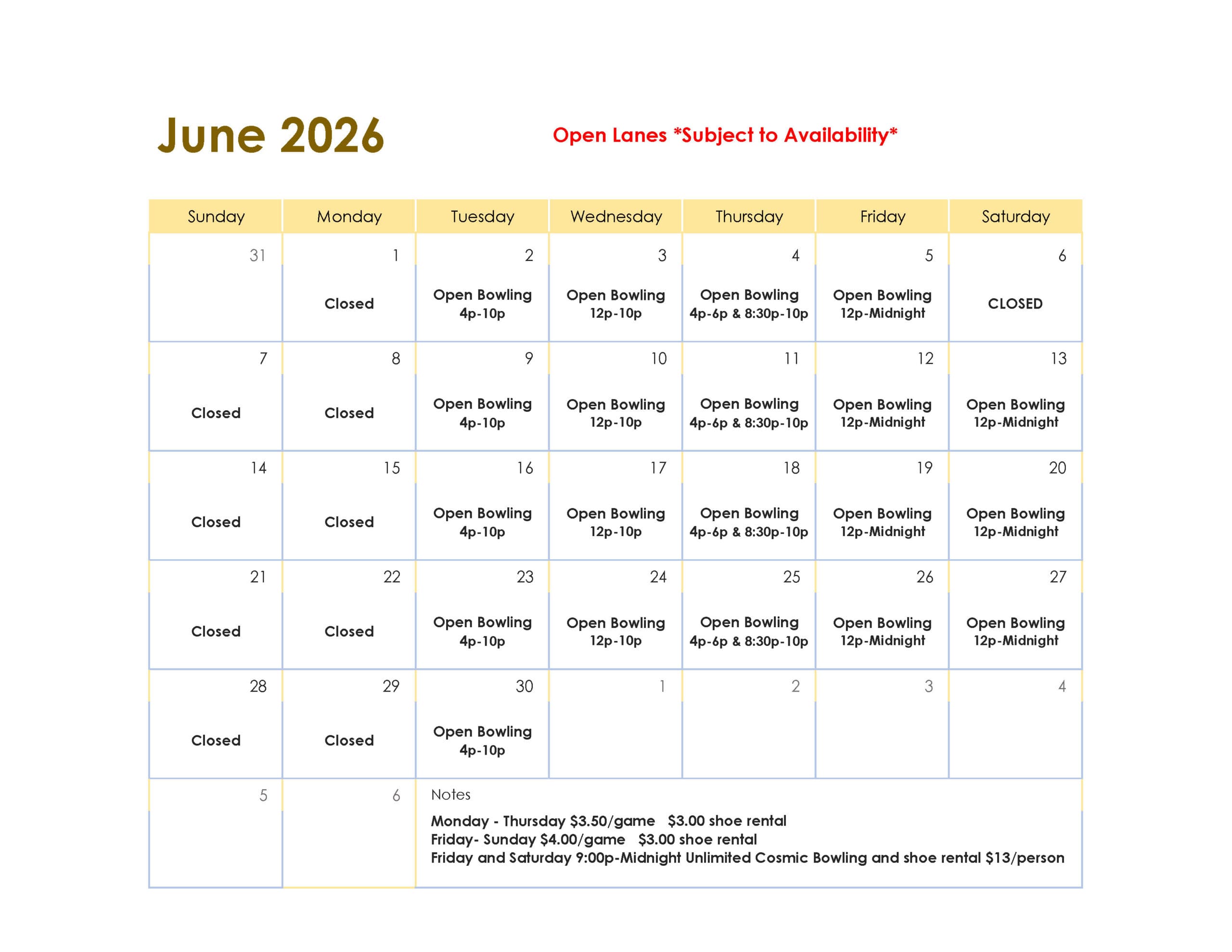 JUNE Open Bowling 2026