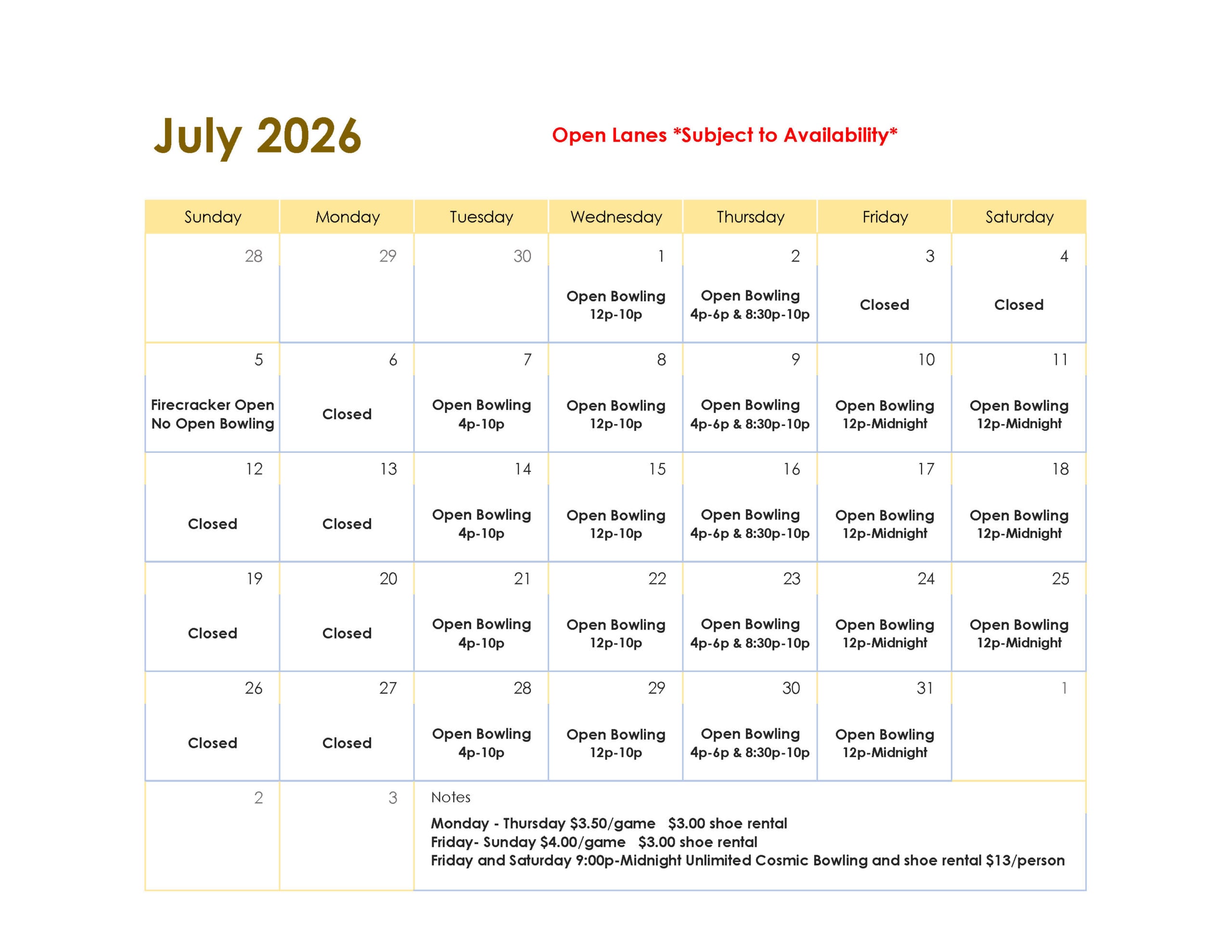July 2026 Open Bowling Hours